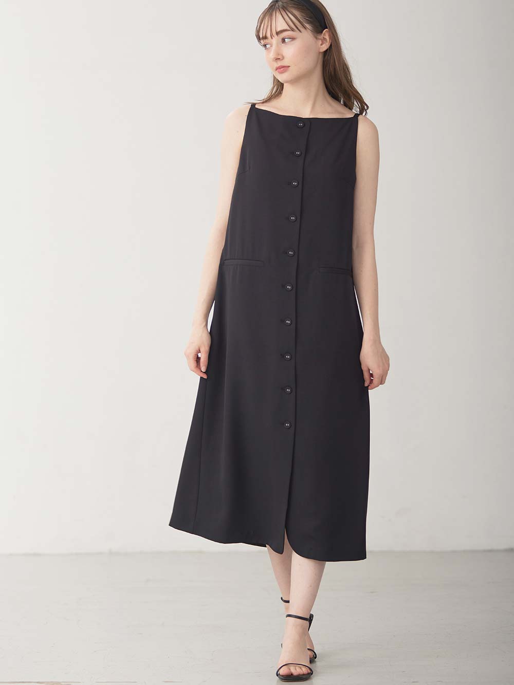 マタニティ ワンピース|フロントボタンノースリーブワンピース マタニティ・授乳服 【出産後も長く使える】|ブラック