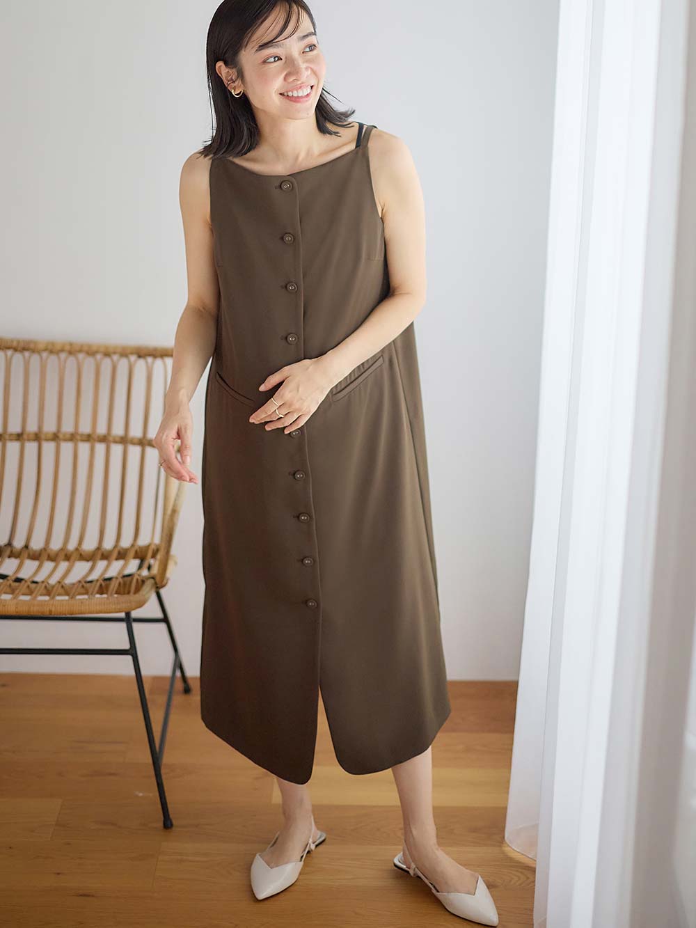 マタニティ ワンピース|フロントボタンノースリーブワンピース マタニティ・授乳服 【出産後も長く使える】|ダークブラウン