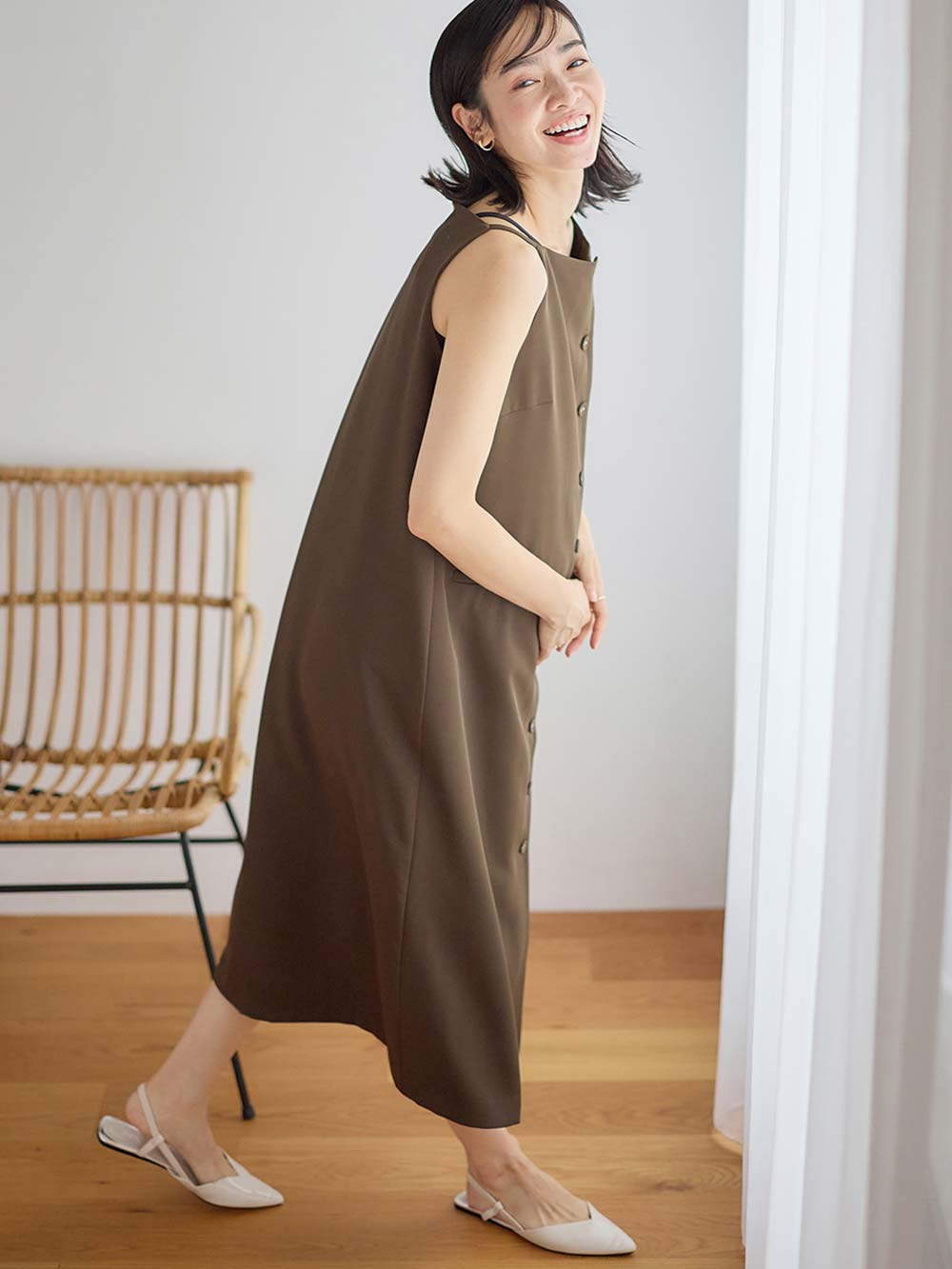 マタニティ ワンピース|フロントボタンノースリーブワンピース マタニティ・授乳服 【出産後も長く使える】|ダークブラウン