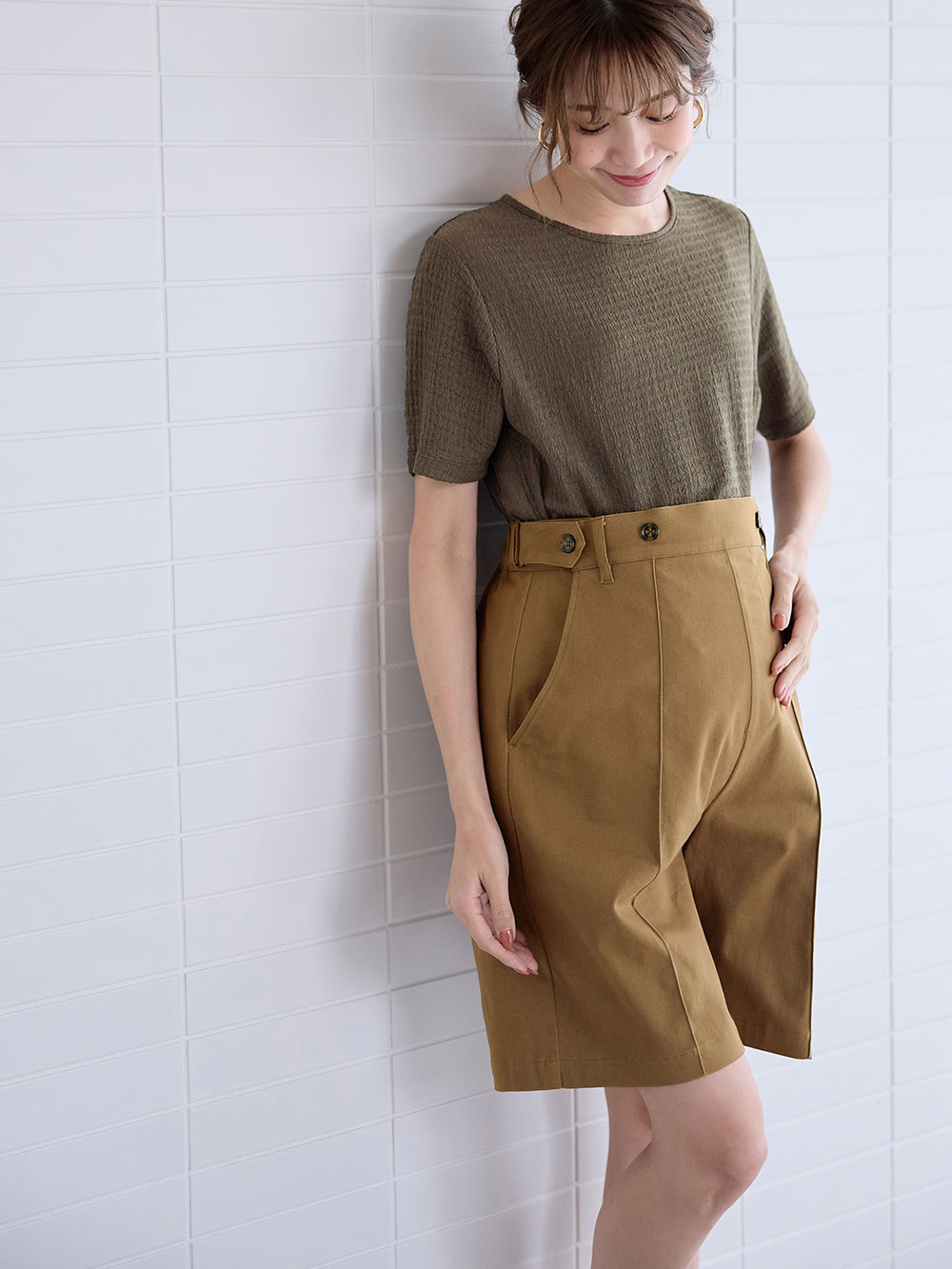 マタニティ パンツ|センターシームハーフパンツ マタニティ・産後【出産後も長く使える】|キャメル