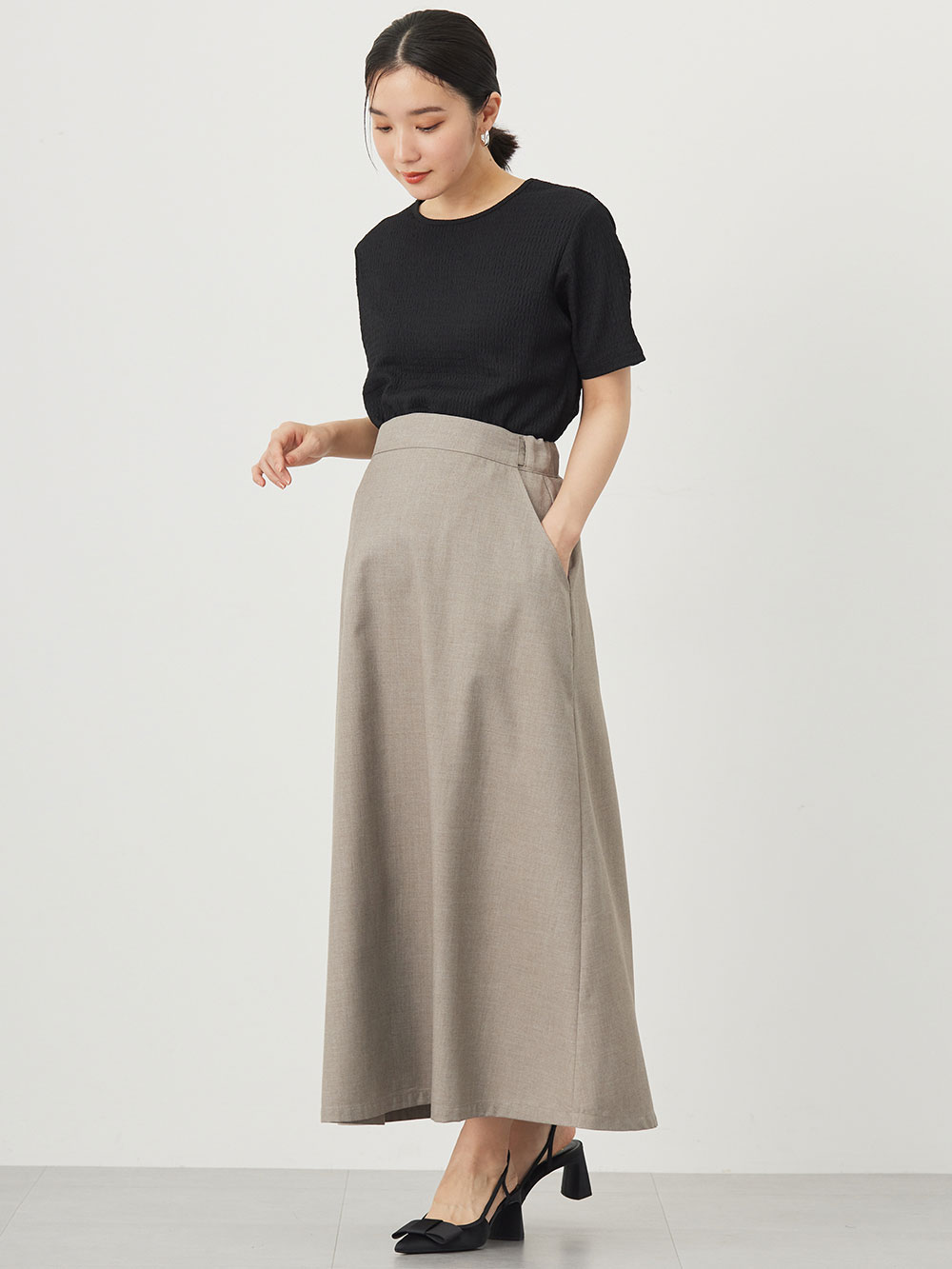 マタニティ スカート|セミフレアースカート マタニティ・産後【出産後も長く使える】|グレージュ
