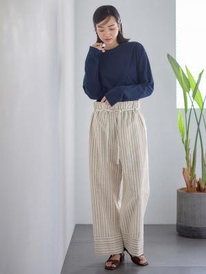 マタニティ パンツ|裾切り替え綿混ワイドパンツ マタニティ・産後【出産後も長く使える】|ベージュストライプ