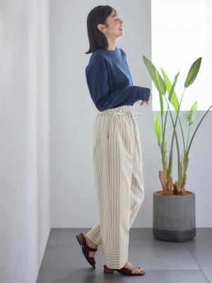 マタニティ パンツ|裾切り替え綿混ワイドパンツ マタニティ・産後【出産後も長く使える】|ベージュストライプ