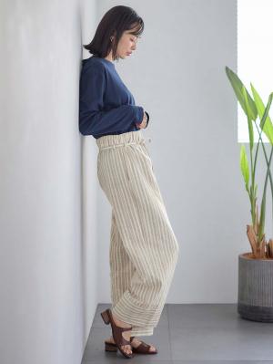 マタニティ パンツ|裾切り替え綿混ワイドパンツ マタニティ・産後【出産後も長く使える】|ベージュストライプ