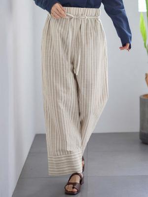 マタニティ パンツ|裾切り替え綿混ワイドパンツ マタニティ・産後【出産後も長く使える】|ベージュストライプ