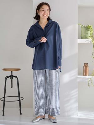 マタニティ パンツ|裾切り替え綿混ワイドパンツ マタニティ・産後【出産後も長く使える】|ネイビーストライプ