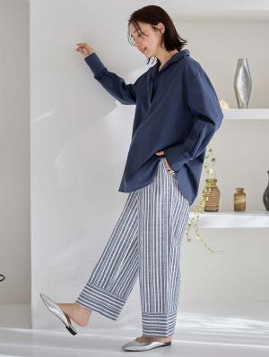 マタニティ パンツ|裾切り替え綿混ワイドパンツ マタニティ・産後【出産後も長く使える】|ベージュストライプ