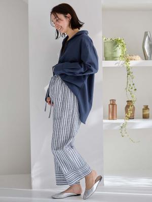 マタニティ パンツ|裾切り替え綿混ワイドパンツ マタニティ・産後【出産後も長く使える】|ネイビーストライプ