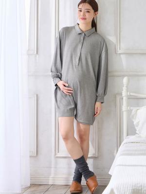 マタニティ パジャマ・ルームウェア|オールインワンハーフパンツルームウェア マタニティ・授乳パジャマ 【出産後も長く使える】|杢グレー
