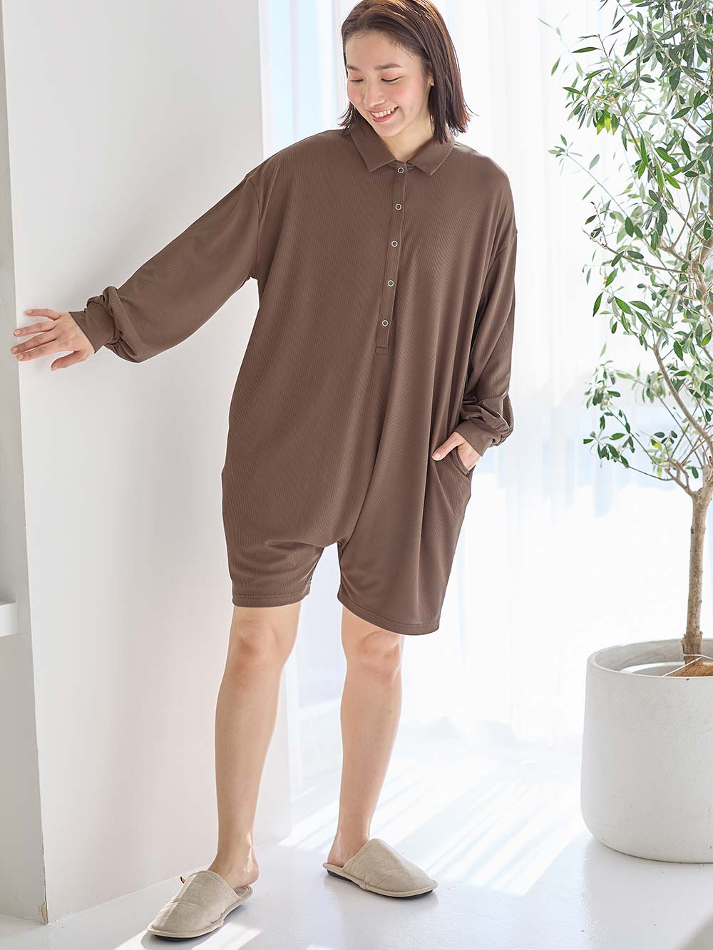 マタニティ パジャマ・ルームウェア|オールインワンハーフパンツルームウェア マタニティ・授乳パジャマ 【出産後も長く使える】|モカブラウン