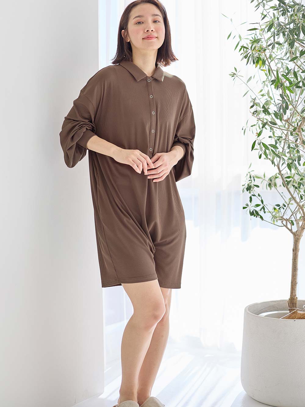 マタニティ パジャマ・ルームウェア|オールインワンハーフパンツルームウェア マタニティ・授乳パジャマ 【出産後も長く使える】|モカブラウン