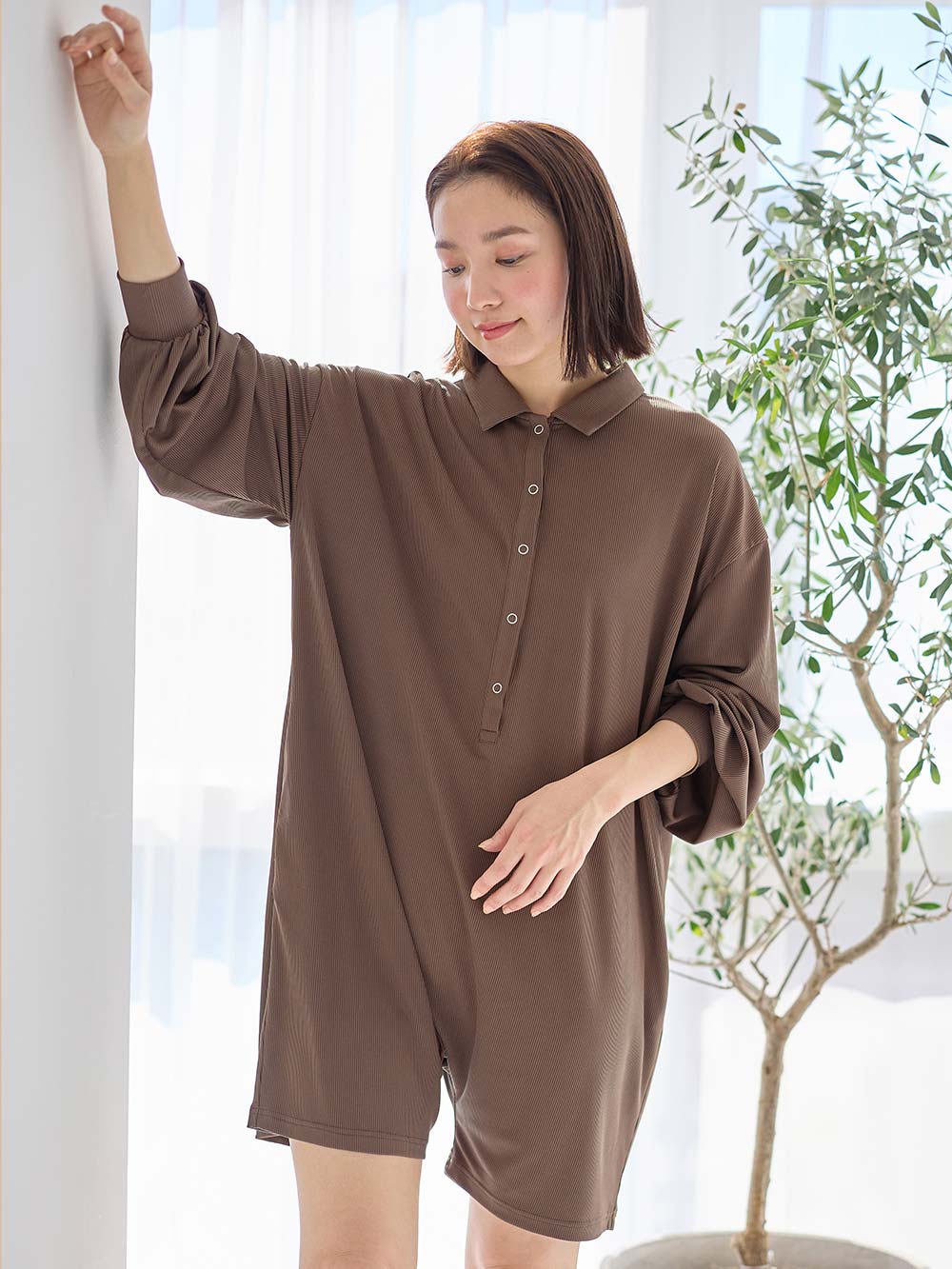 マタニティ パジャマ・ルームウェア|オールインワンハーフパンツルームウェア マタニティ・授乳パジャマ 【出産後も長く使える】|モカブラウン