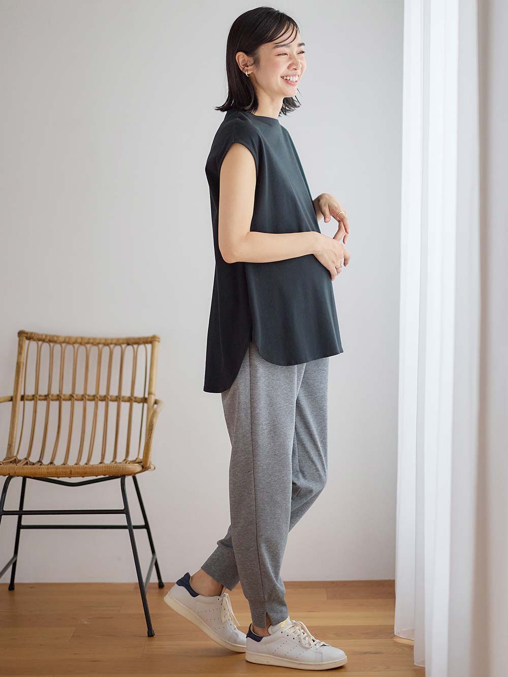 マタニティ パンツ|裾スリットジョガーパンツ マタニティ・産後【出産後も長く使える】|杢グレー