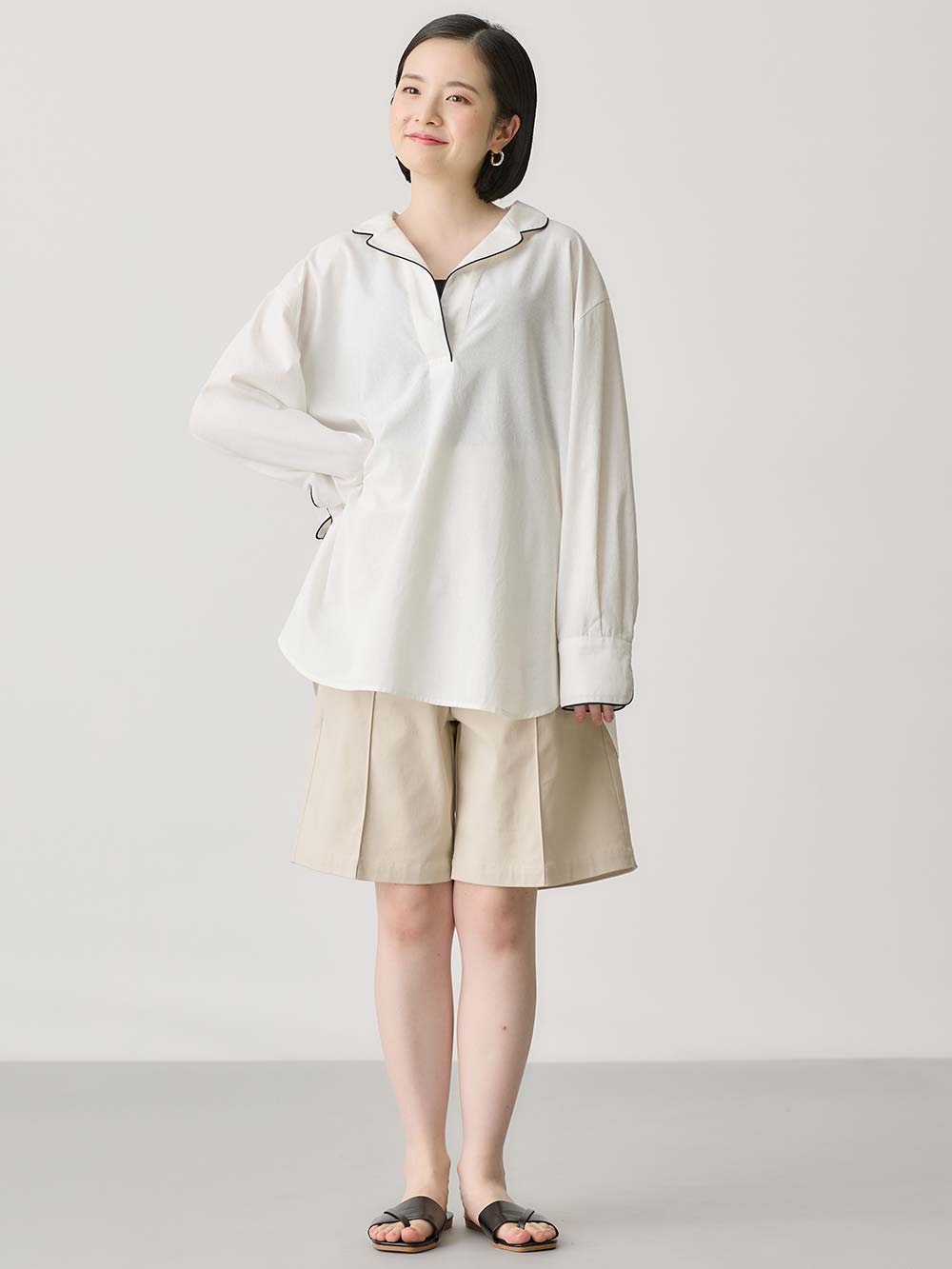 マタニティ トップス|コットンリネンパイピングシャツ マタニティ・授乳服 【出産後も長く使える】|ホワイト