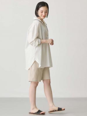 マタニティ トップス|コットンリネンパイピングシャツ マタニティ・授乳服 【出産後も長く使える】|ホワイト