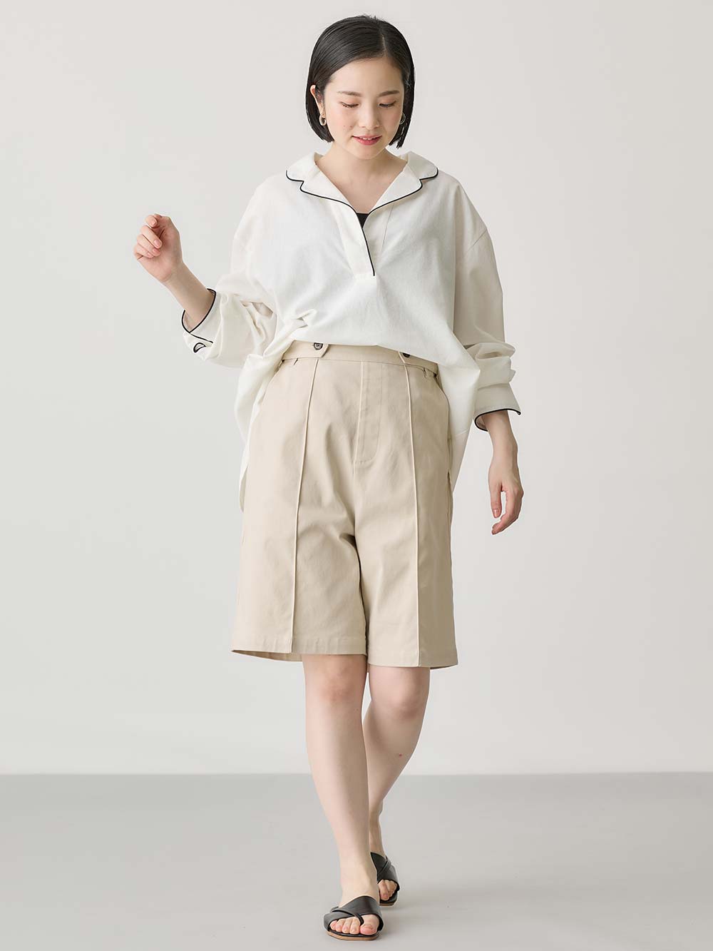 マタニティ トップス|コットンリネンパイピングシャツ マタニティ・授乳服 【出産後も長く使える】|ホワイト