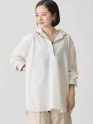 マタニティ トップス|コットンリネンパイピングシャツ マタニティ・授乳服 【出産後も長く使える】|ホワイト