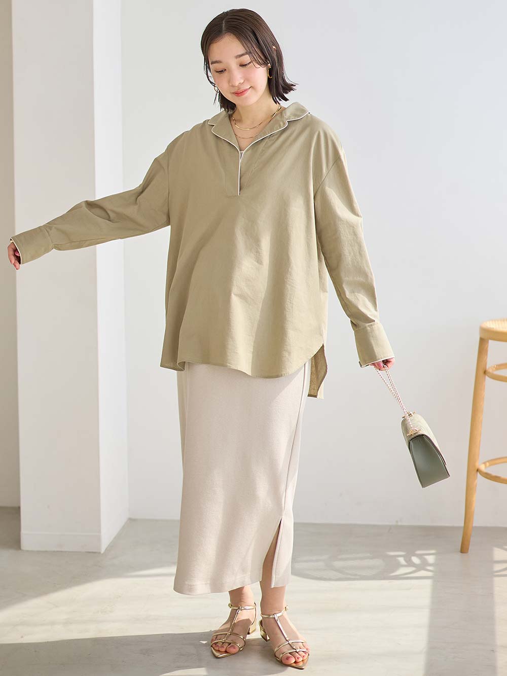 マタニティ トップス|コットンリネンパイピングシャツ マタニティ・授乳服 【出産後も長く使える】|カーキ