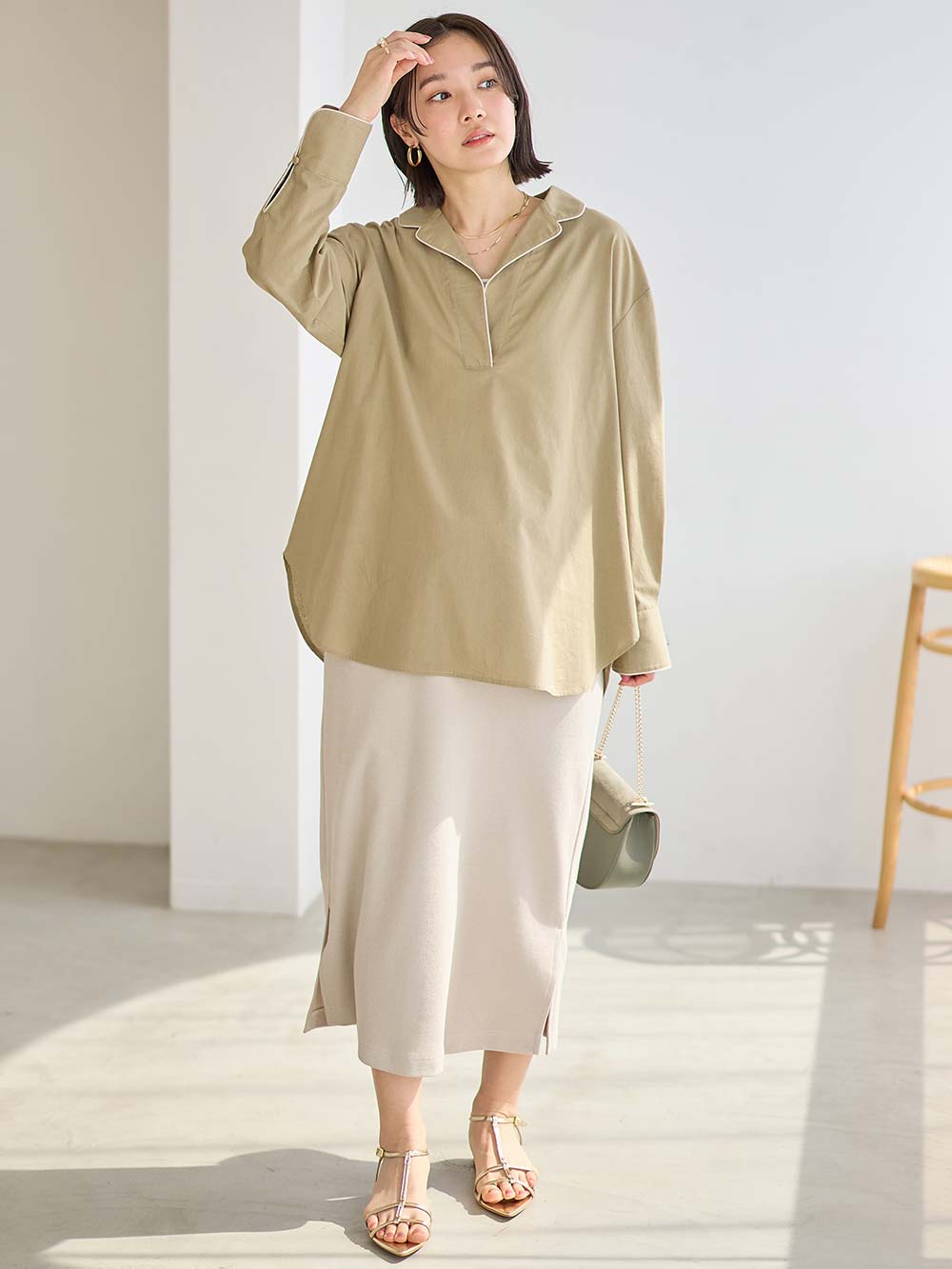 マタニティ トップス|コットンリネンパイピングシャツ マタニティ・授乳服 【出産後も長く使える】|カーキ