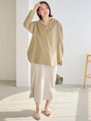 マタニティ トップス|コットンリネンパイピングシャツ マタニティ・授乳服 【出産後も長く使える】|カーキ