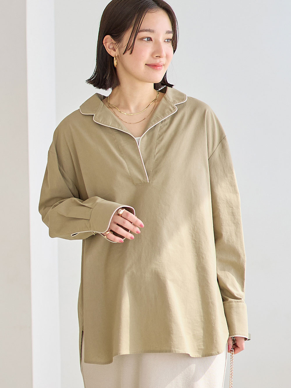 マタニティ トップス|コットンリネンパイピングシャツ マタニティ・授乳服 【出産後も長く使える】|カーキ
