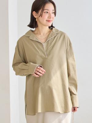 マタニティ トップス|コットンリネンパイピングシャツ マタニティ・授乳服 【出産後も長く使える】|カーキ