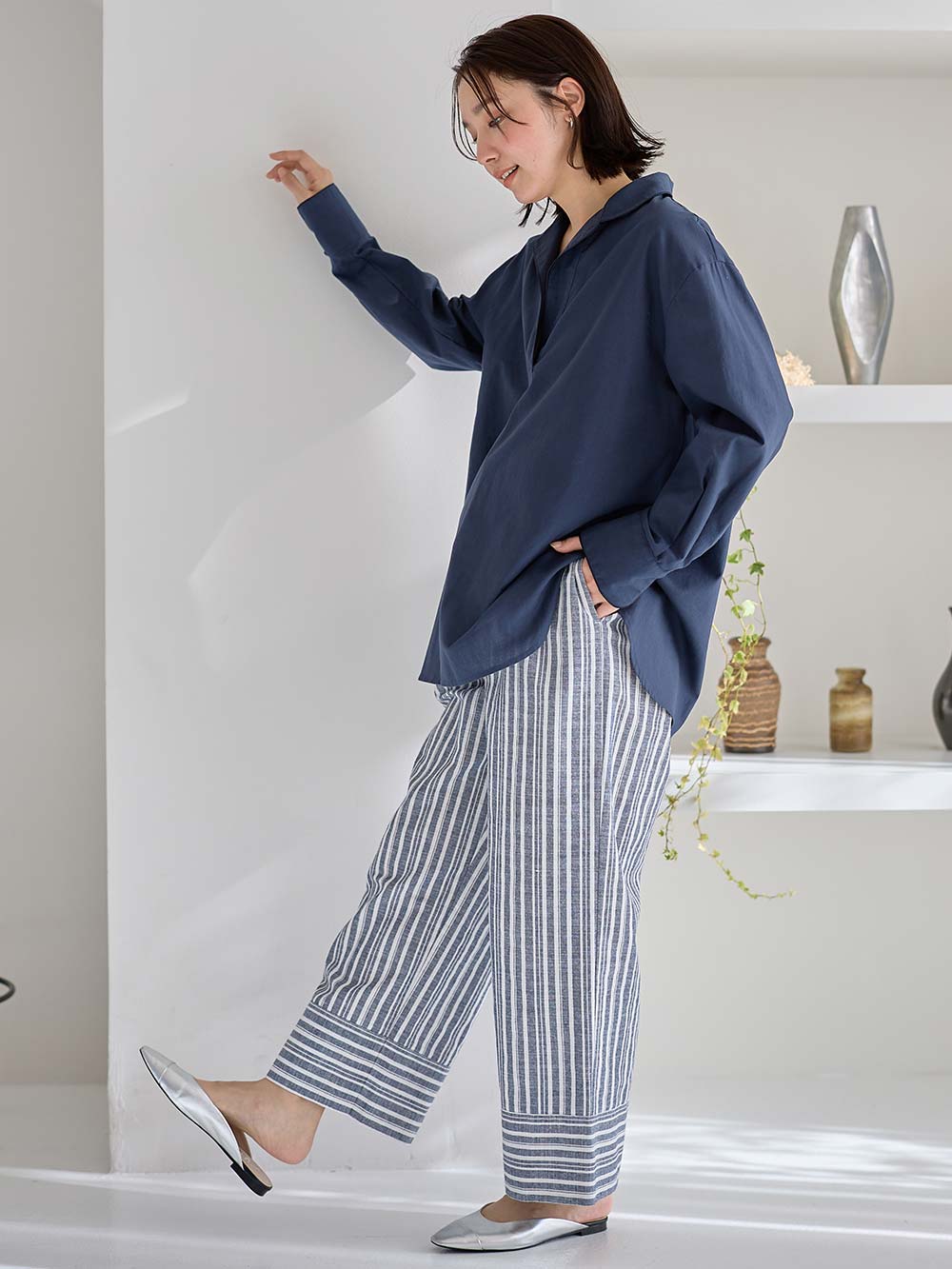 マタニティ トップス|コットンリネンパイピングシャツ マタニティ・授乳服 【出産後も長く使える】|ネイビー