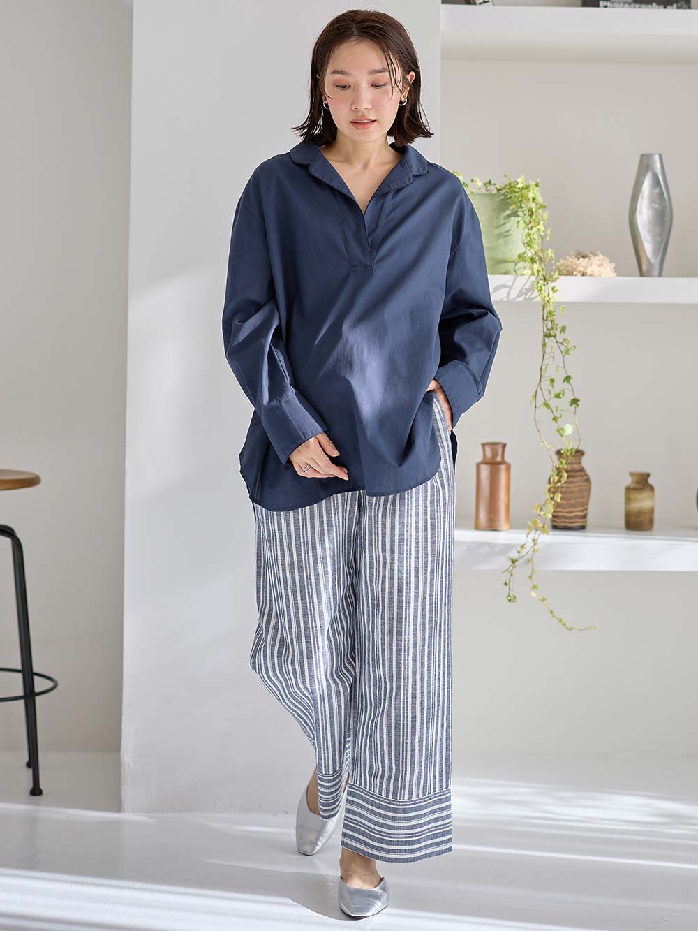 マタニティ トップス|コットンリネンパイピングシャツ マタニティ・授乳服 【出産後も長く使える】|ネイビー