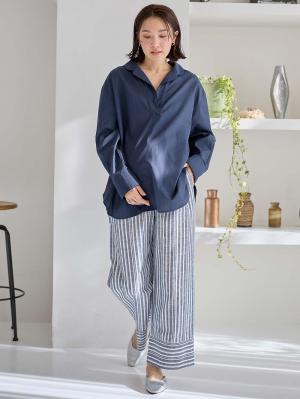 マタニティ トップス|コットンリネンパイピングシャツ マタニティ・授乳服 【出産後も長く使える】|ネイビー