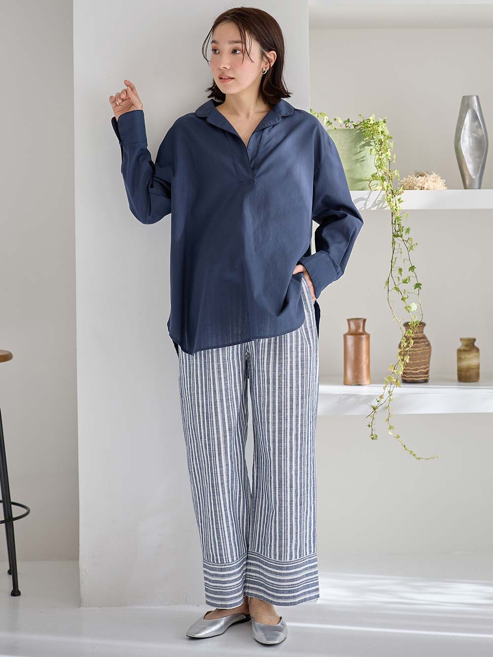 マタニティ トップス|コットンリネンパイピングシャツ マタニティ・授乳服 【出産後も長く使える】|ネイビー