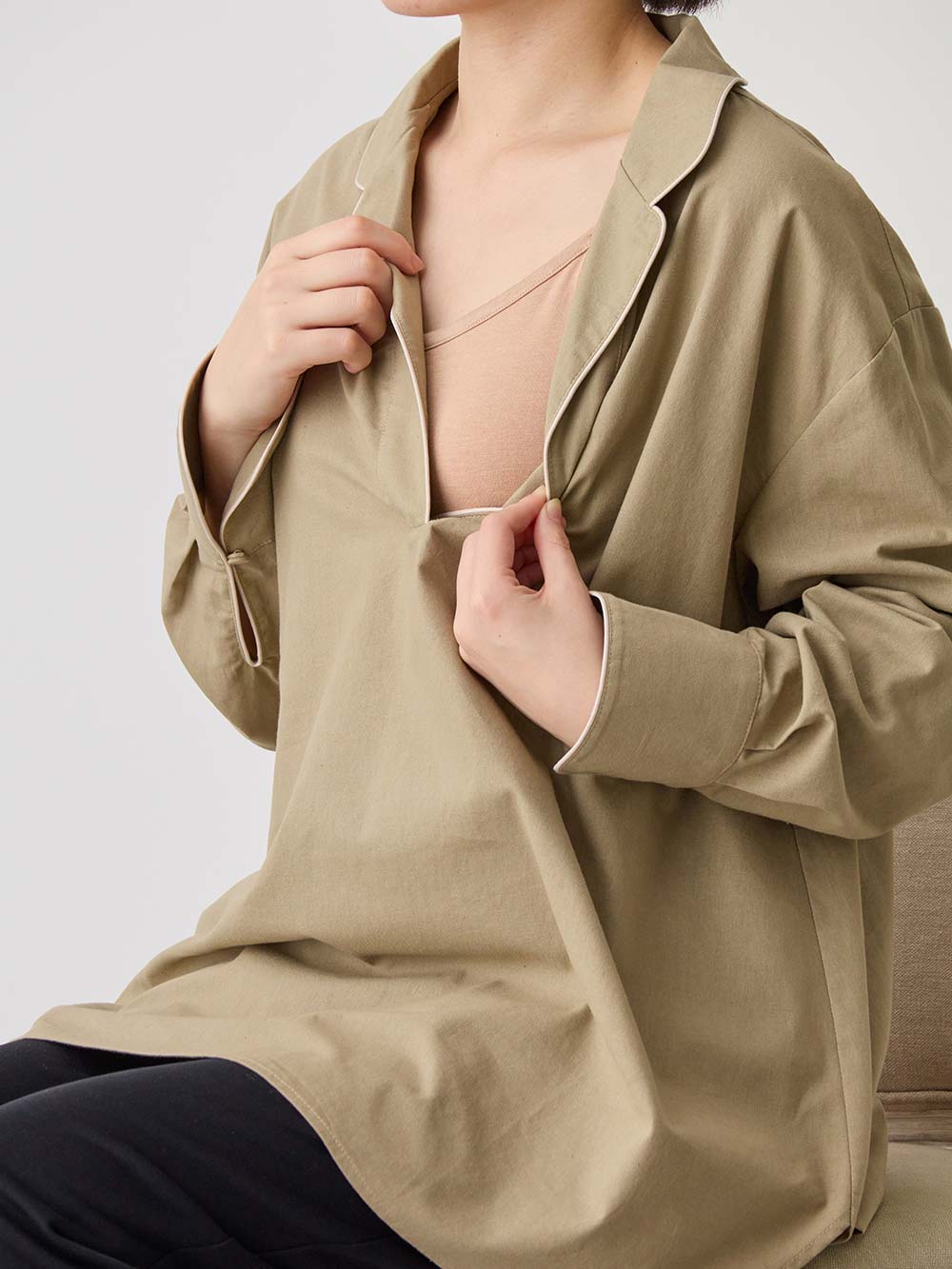 マタニティ トップス|コットンリネンパイピングシャツ マタニティ・授乳服 【出産後も長く使える】