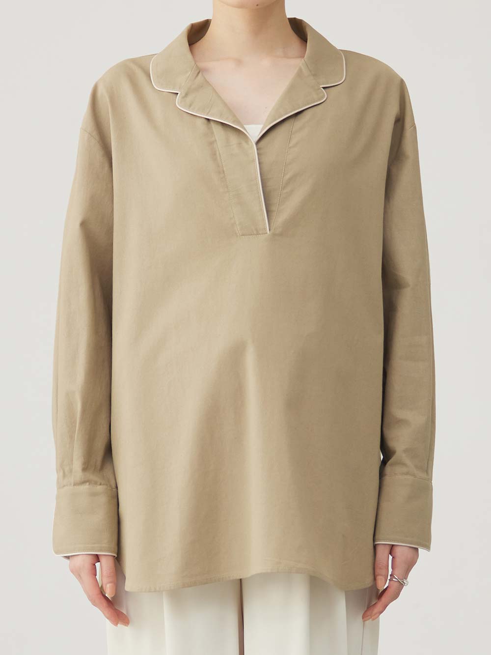マタニティ トップス|コットンリネンパイピングシャツ マタニティ・授乳服 【出産後も長く使える】