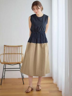 マタニティ スカート|シャーリングバイカラースカート マタニティ・産後【出産後も長く使える】|ネイビー×ベージュ