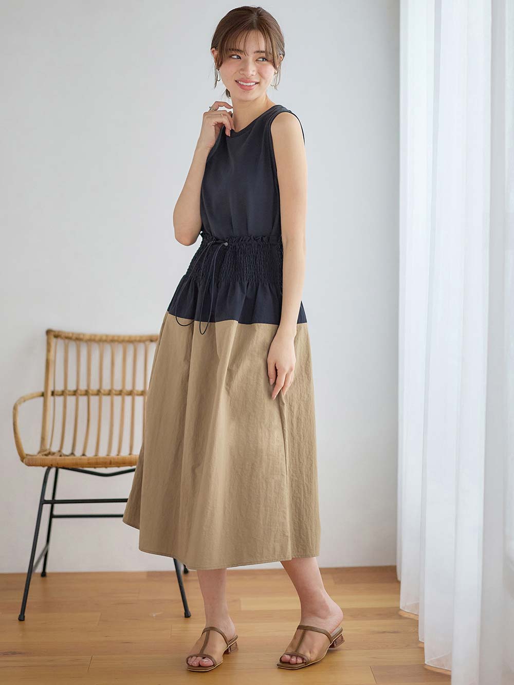 マタニティ スカート|シャーリングバイカラースカート マタニティ・産後【出産後も長く使える】|ネイビー×ベージュ