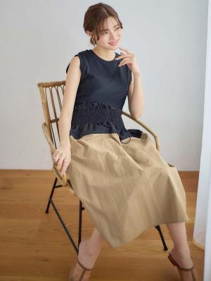 マタニティ スカート|シャーリングバイカラースカート マタニティ・産後【出産後も長く使える】|ネイビー×ベージュ