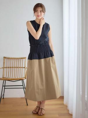 マタニティ スカート|シャーリングバイカラースカート マタニティ・産後【出産後も長く使える】|ネイビー×ベージュ