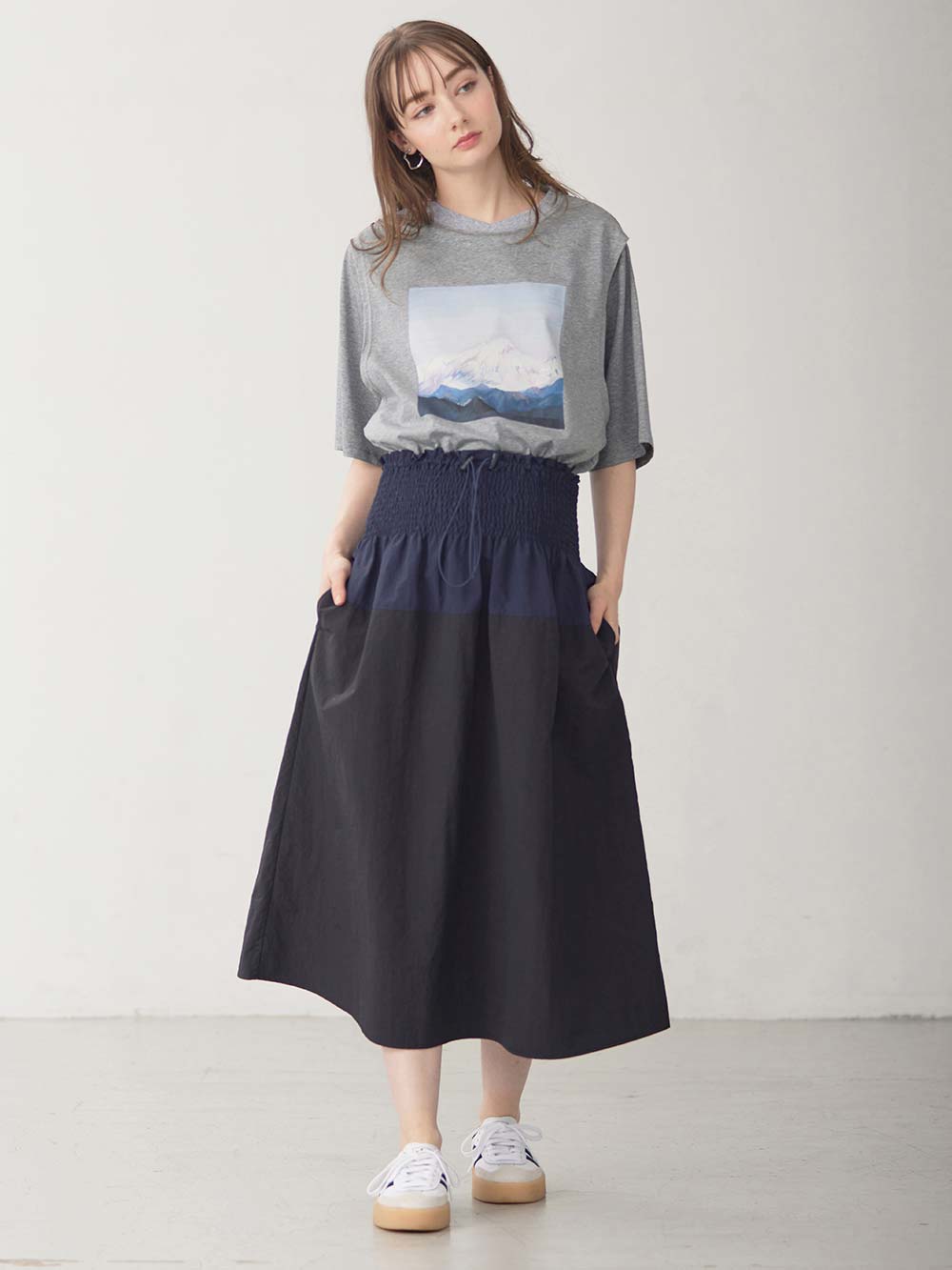 マタニティ スカート|シャーリングバイカラースカート マタニティ・産後【出産後も長く使える】|ネイビー×ブラック