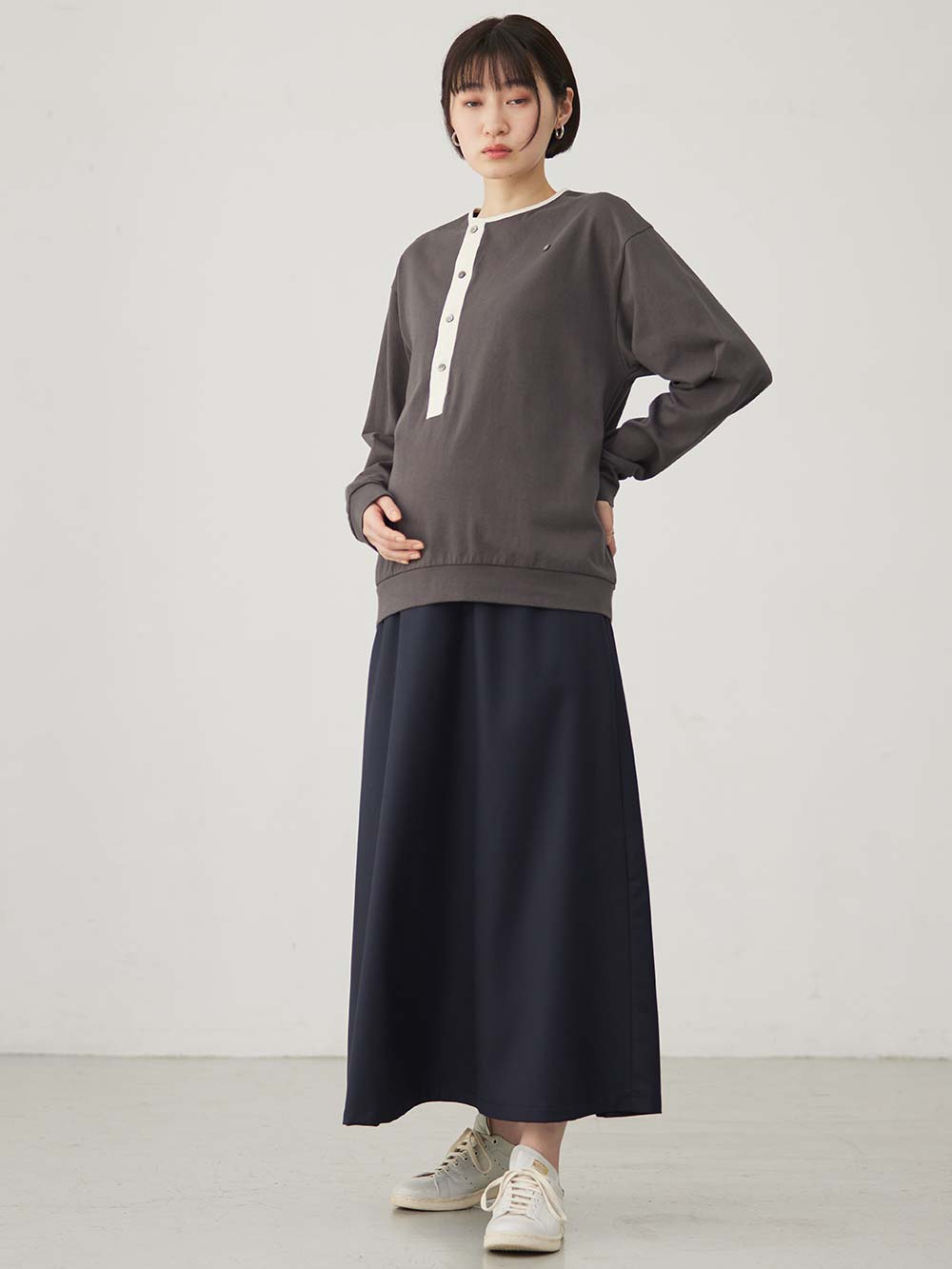 マタニティ トップス|前開きプルオーバー マタニティ・産後【出産後も長く使える】|ダークグレー