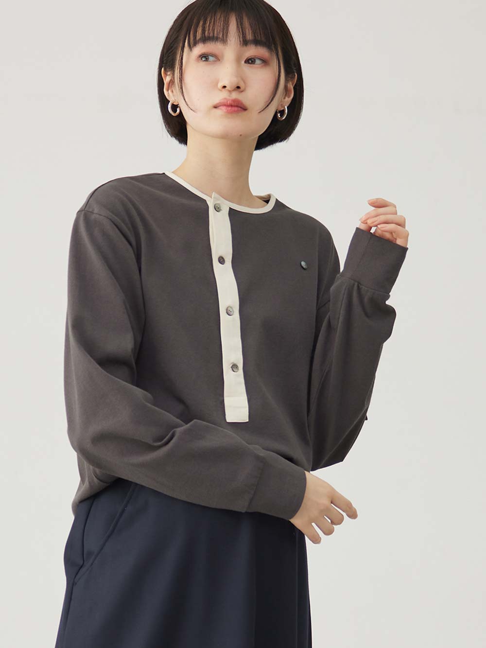 マタニティ トップス|前開きプルオーバー マタニティ・産後【出産後も長く使える】|ダークグレー