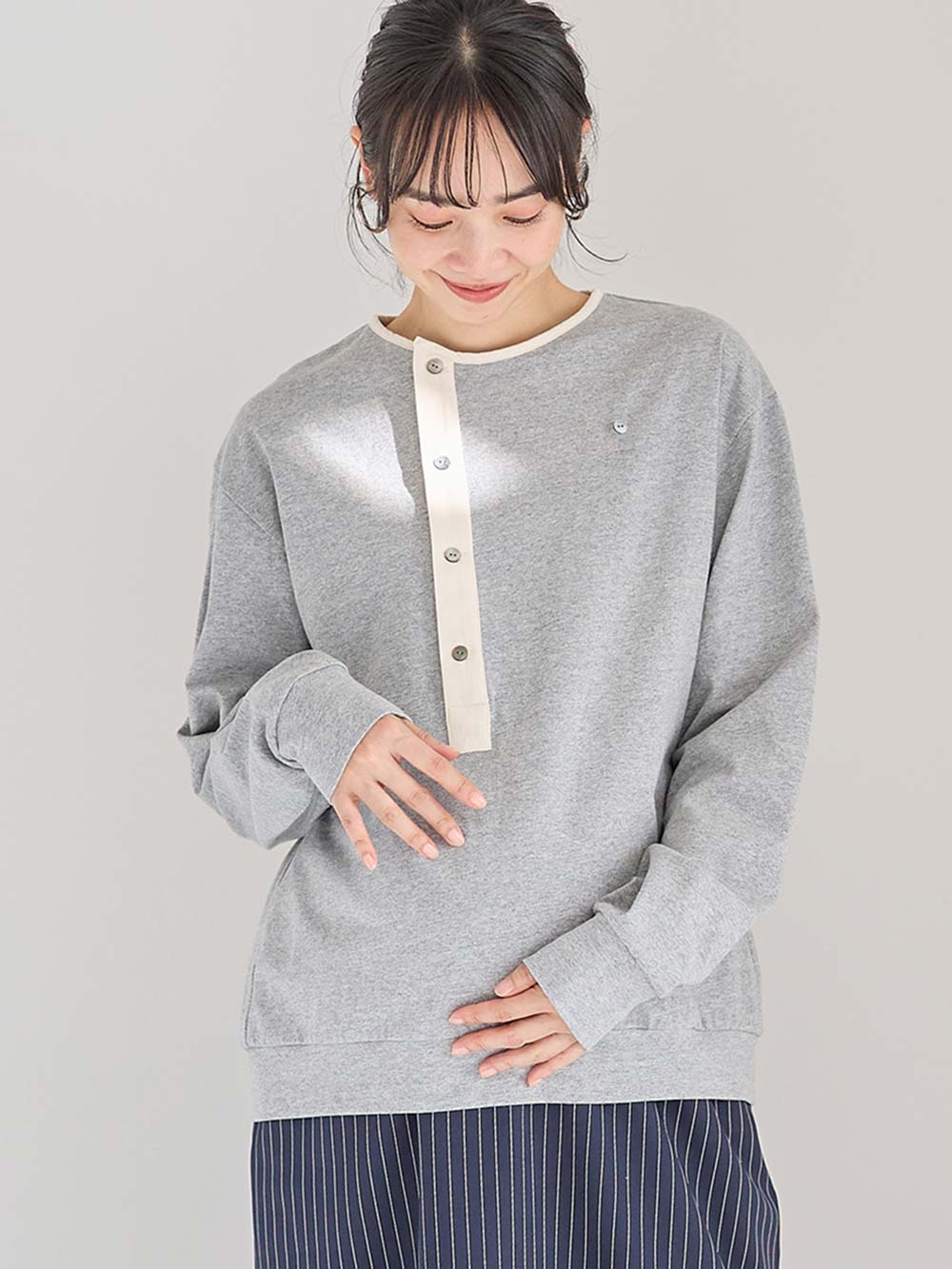 マタニティ トップス|前開きプルオーバー マタニティ・産後【出産後も長く使える】|杢グレー