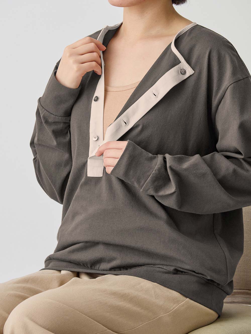 マタニティ トップス|前開きプルオーバー マタニティ・産後【出産後も長く使える】