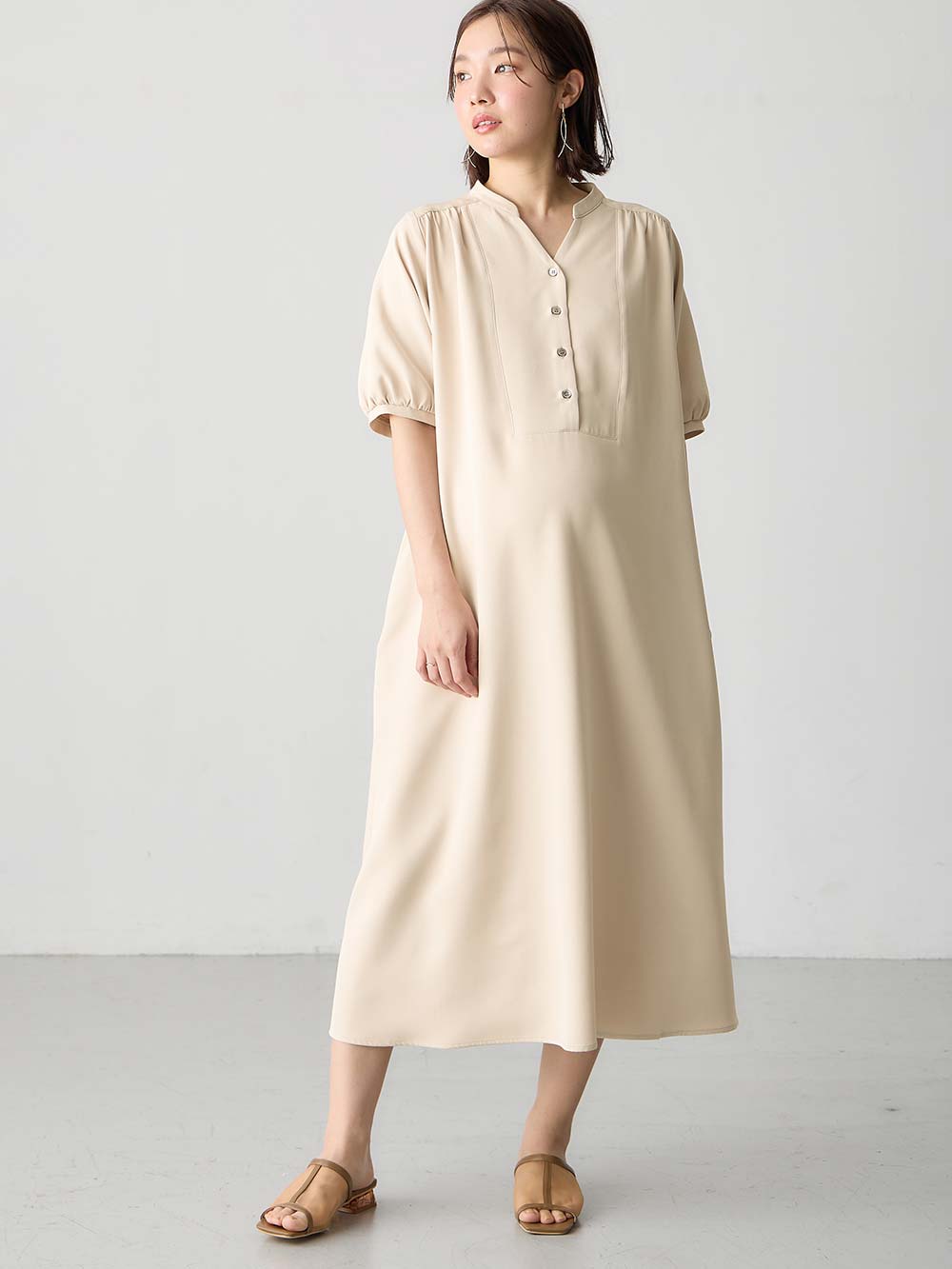 マタニティ ワンピース|フロントギャザーワンピース マタニティ・授乳服 【出産後も長く使える】|ライトベージュ