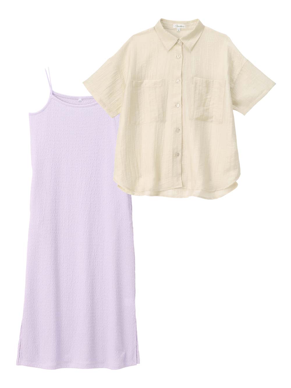 マタニティ ワンピース|【セット】シアーシャツ×授乳がらくちんなキャミワンピース　マタニティ・授乳服【出産後も長く使える】Rosemadame（ローズマダム）|アイボリー×ラベンダー