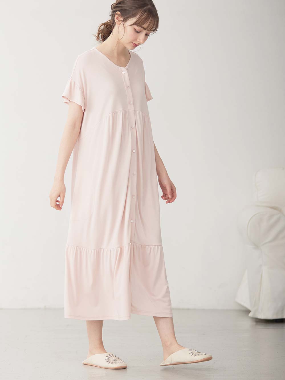 マタニティ パジャマ・ルームウェア|接触冷感天竺フリル袖ネグリジェ　マタニティ・授乳パジャマ　【出産後も長く使える】Rosemadame（ローズマダム）|オレンジ