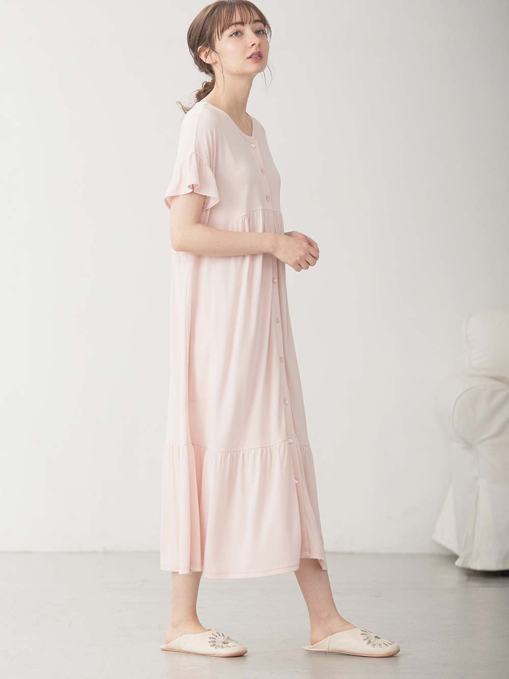 マタニティ パジャマ・ルームウェア|接触冷感天竺フリル袖ネグリジェ　マタニティ・授乳パジャマ　【出産後も長く使える】Rosemadame（ローズマダム）|オレンジ