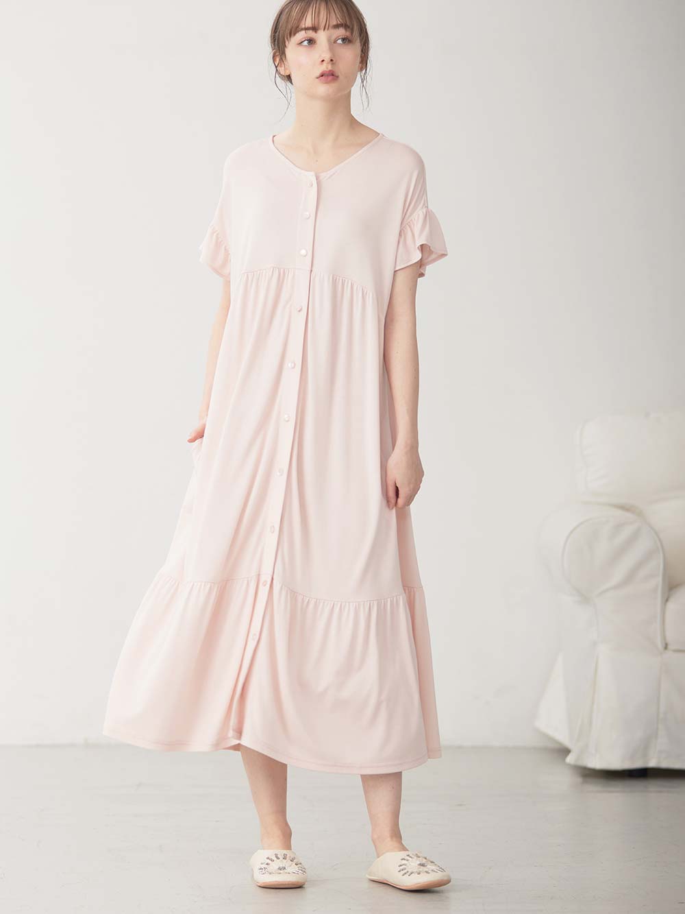 マタニティ パジャマ・ルームウェア|接触冷感天竺フリル袖ネグリジェ　マタニティ・授乳パジャマ　【出産後も長く使える】Rosemadame（ローズマダム）|オレンジ