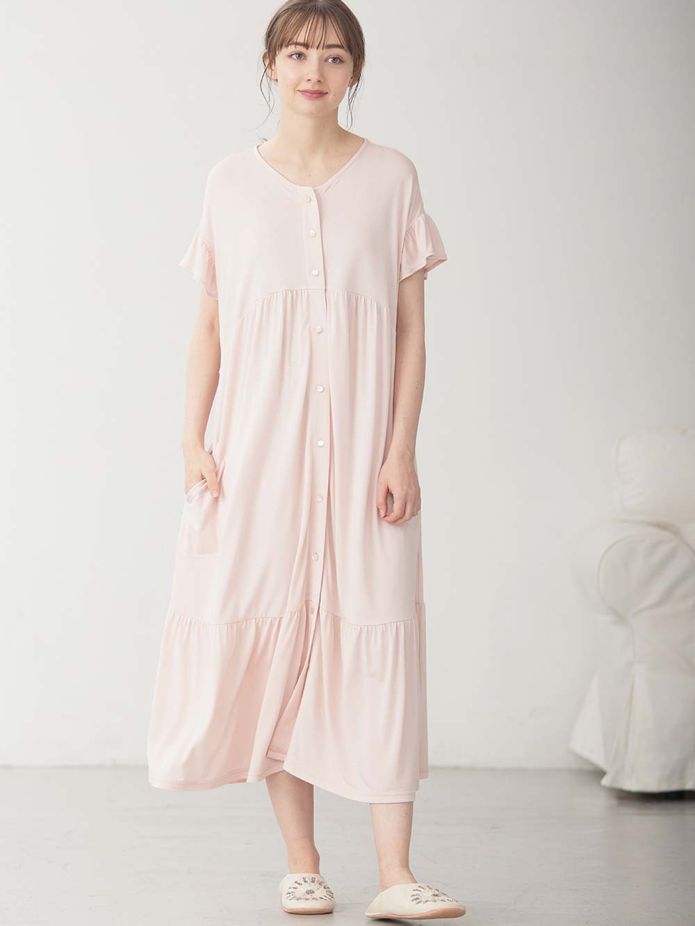 マタニティ パジャマ・ルームウェア|接触冷感天竺フリル袖ネグリジェ　マタニティ・授乳パジャマ　【出産後も長く使える】Rosemadame（ローズマダム）|オレンジ