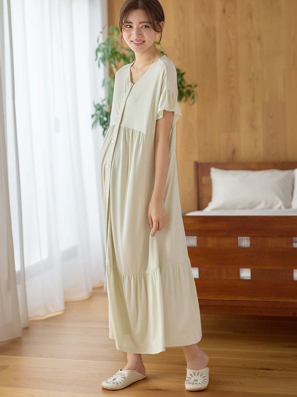 マタニティ パジャマ・ルームウェア|接触冷感天竺フリル袖ネグリジェ　マタニティ・授乳パジャマ　【出産後も長く使える】Rosemadame（ローズマダム）|ライトグリーン