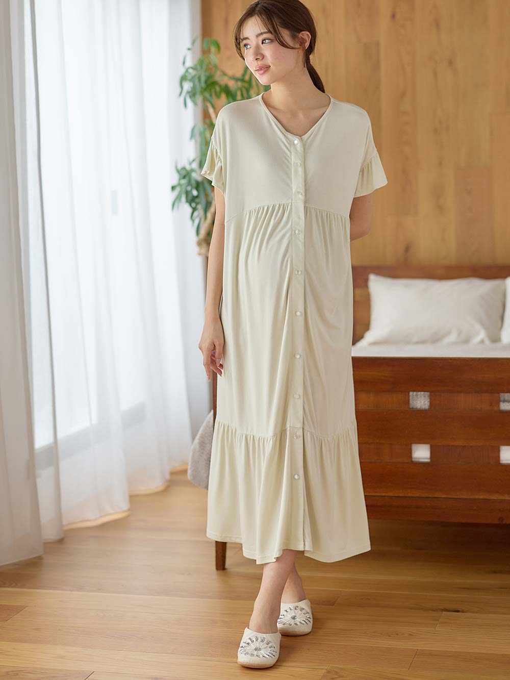 マタニティ パジャマ・ルームウェア|接触冷感天竺フリル袖ネグリジェ　マタニティ・授乳パジャマ　【出産後も長く使える】Rosemadame（ローズマダム）|ライトグリーン