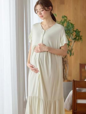 マタニティ パジャマ・ルームウェア|接触冷感天竺フリル袖ネグリジェ　マタニティ・授乳パジャマ　【出産後も長く使える】Rosemadame（ローズマダム）|ライトグリーン